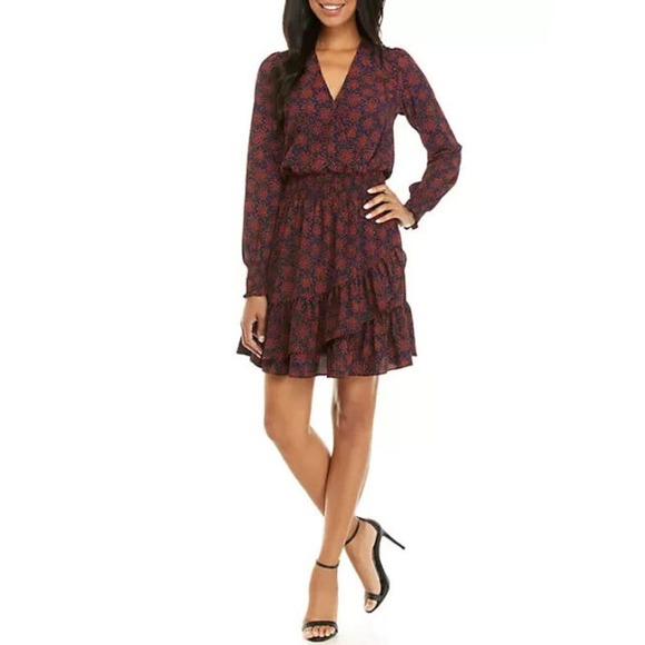 Michael Kors Navy Blue & Red Floral V-neck Long‎ Sleeve Layered Dress. Size P/2 - Picture 1 of 13